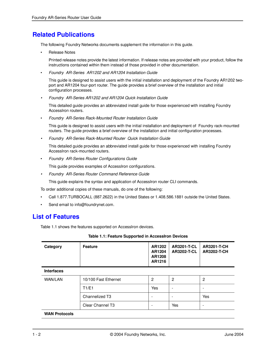 Foundry Networks AR1216, AR3202-CL, AR3201-CL, AR1204, AR1208 manual Related Publications, List of Features, WAN Protocols 