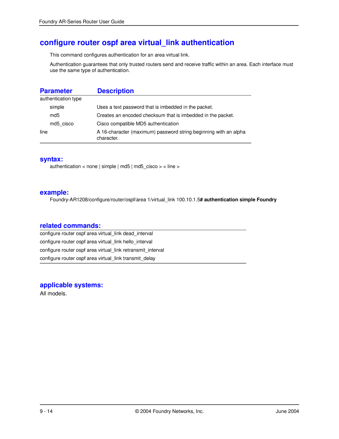 Foundry Networks AR1208, AR3202-CL, AR3201-CL, AR1204, AR1216 manual Configure router ospf area virtuallink authentication 