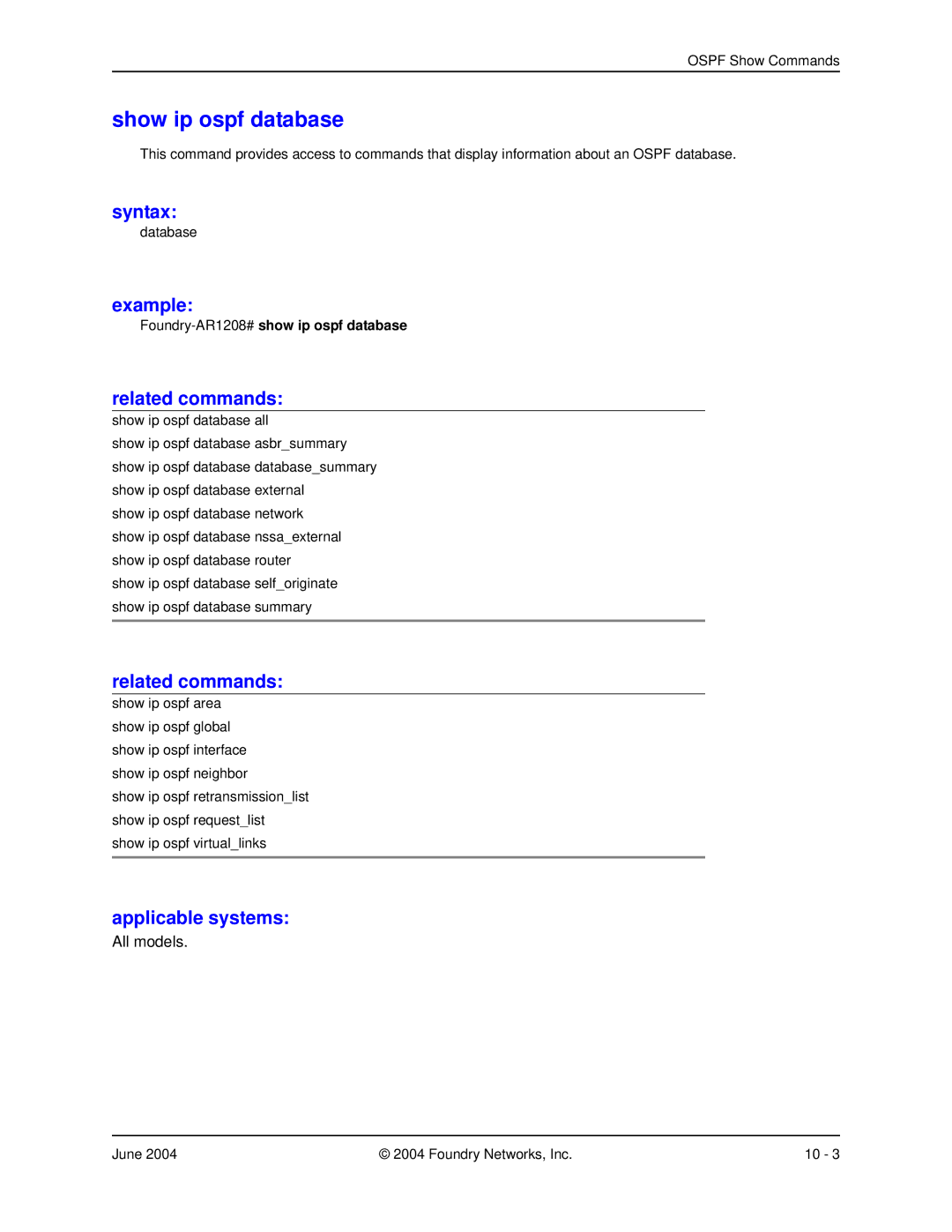 Foundry Networks AR3201-CL, AR3202-CL, AR1204, AR1216 manual Show ip ospf database, Foundry-AR1208#show ip ospf database 