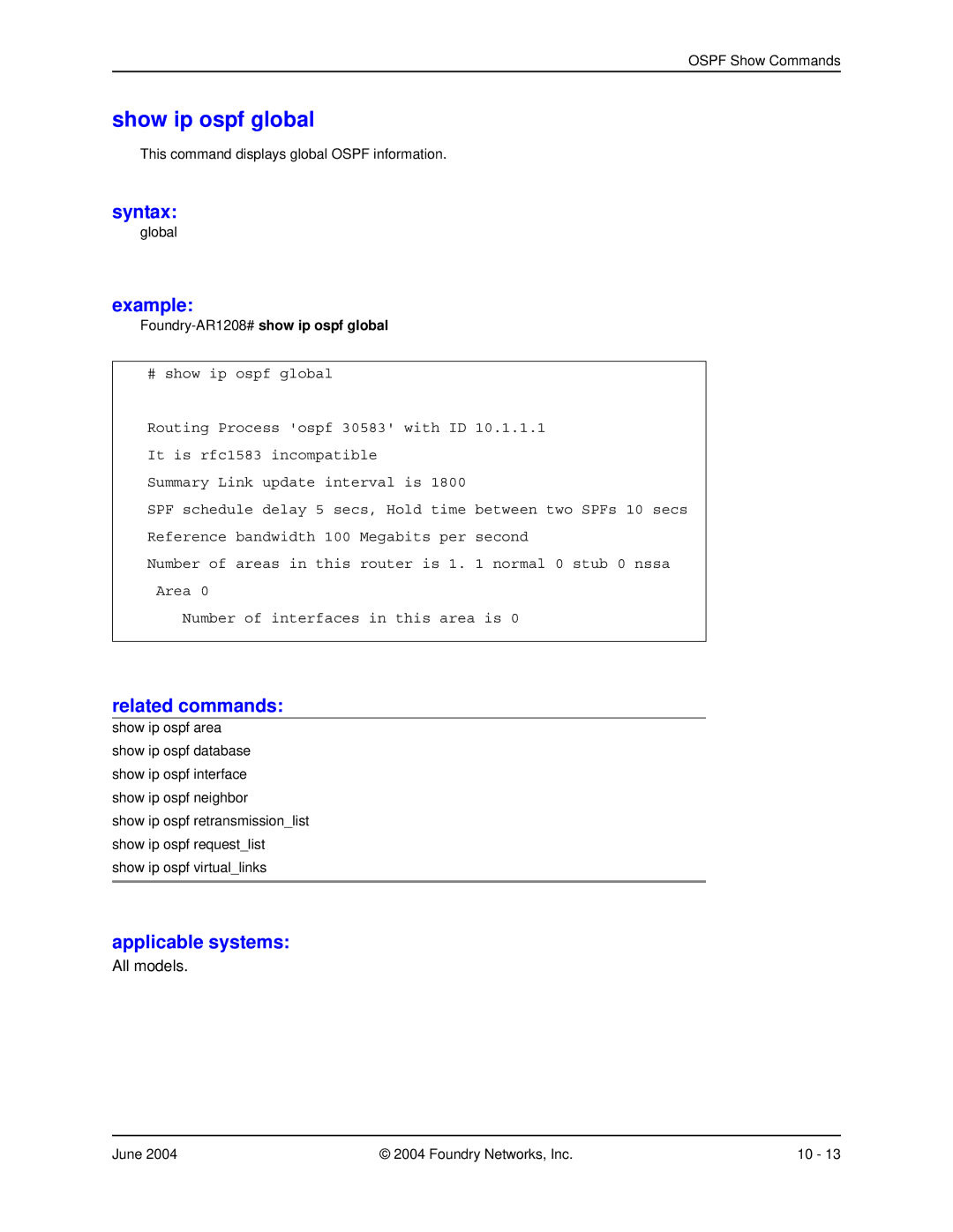 Foundry Networks AR3202-CL, AR3201-CL, AR1204, AR1216 manual Show ip ospf global, Foundry-AR1208#show ip ospf global 