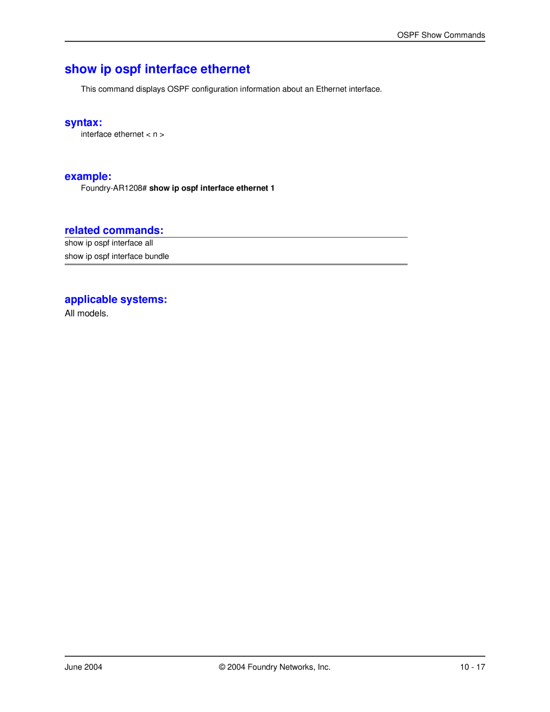 Foundry Networks AR3201-CL, AR3202-CL manual Show ip ospf interface ethernet, Foundry-AR1208#show ip ospf interface ethernet 