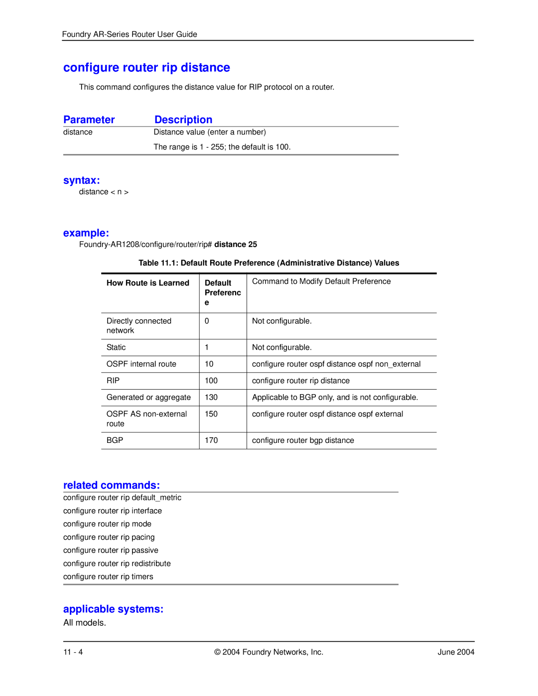 Foundry Networks AR1204, AR3202-CL, AR3201-CL, AR1216, AR1208 manual Configure router rip distance, Preferenc 