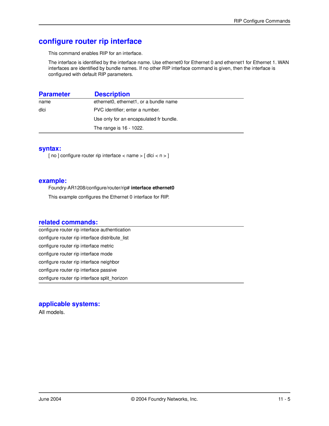 Foundry Networks AR1216, AR3202-CL, AR3201-CL, AR1204, AR1208 manual Configure router rip interface 