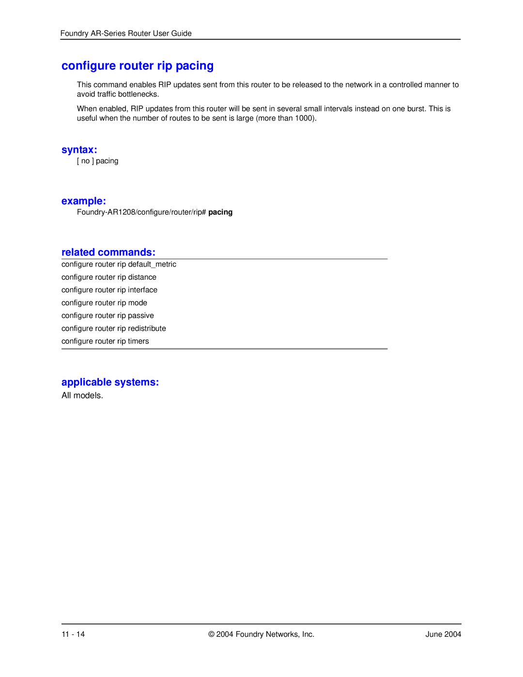 Foundry Networks AR1208, AR3202-CL, AR3201-CL, AR1204, AR1216 manual Configure router rip pacing 