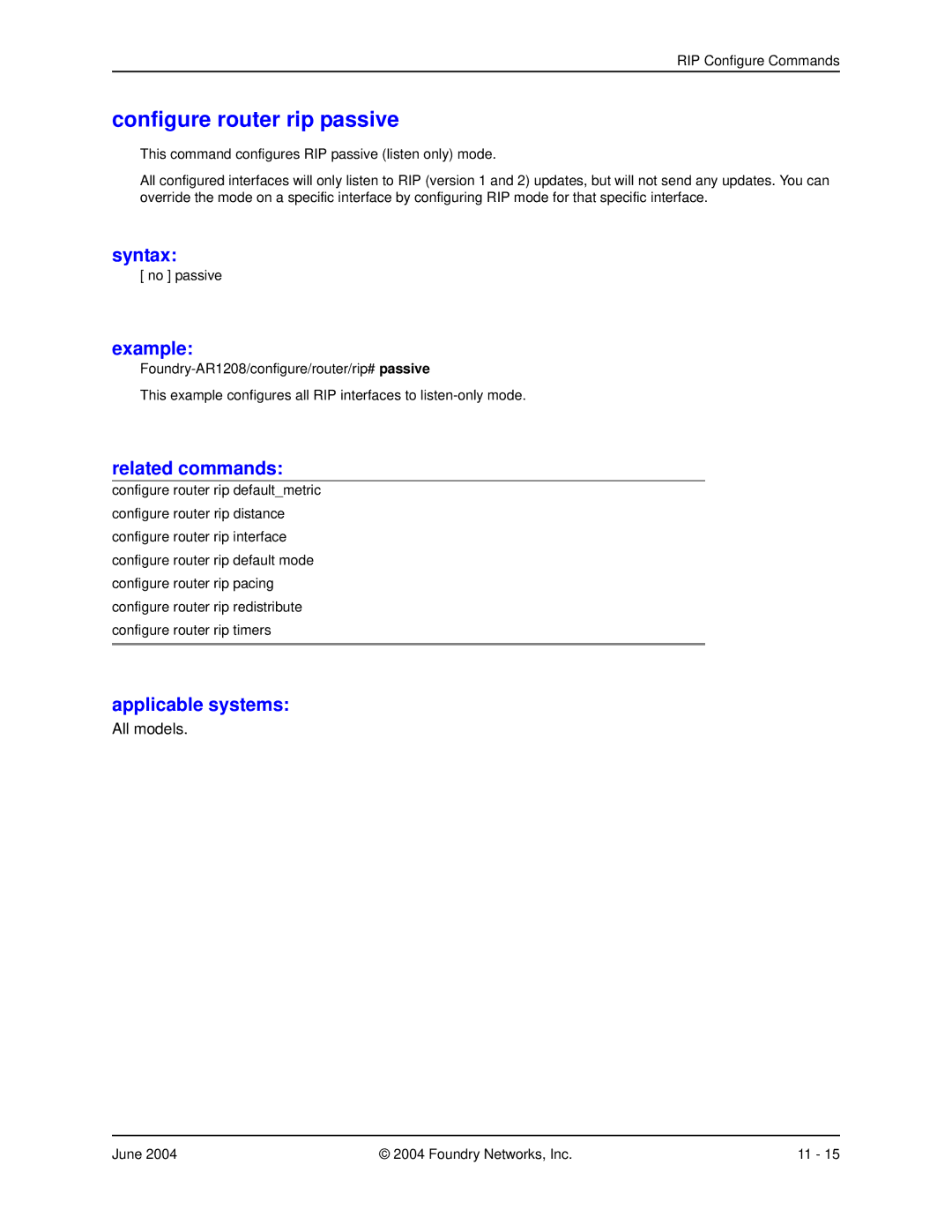 Foundry Networks AR3202-CL, AR3201-CL, AR1204, AR1216, AR1208 manual Configure router rip passive 