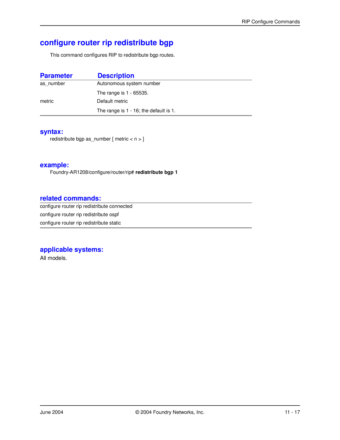 Foundry Networks AR3201-CL, AR3202-CL, AR1204, AR1216, AR1208 Configure router rip redistribute bgp, Parameter Description 