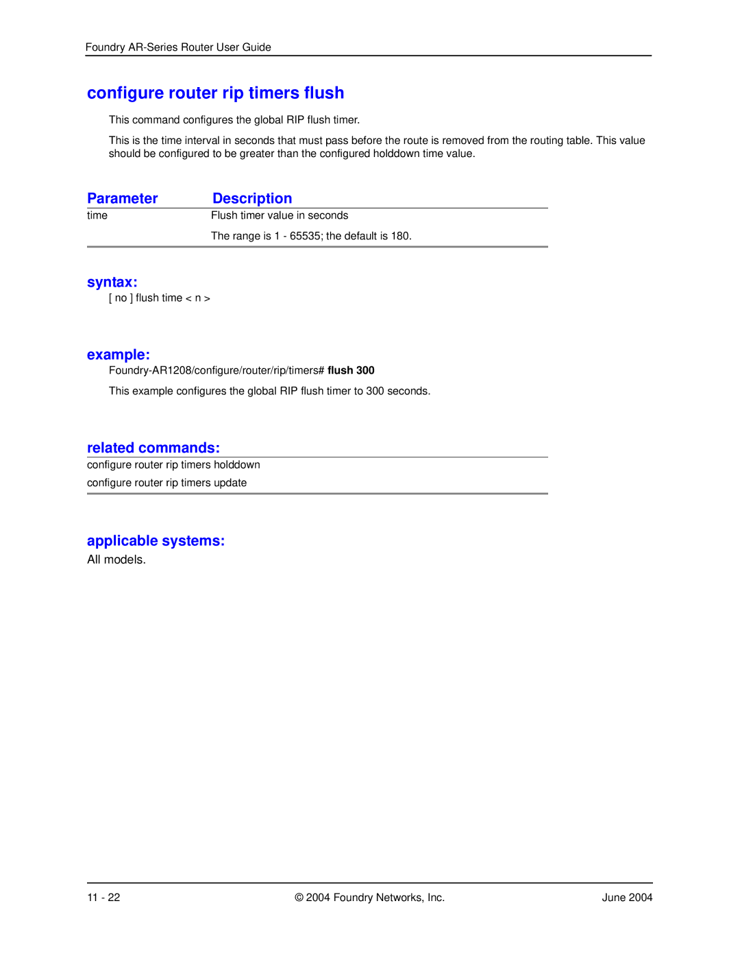 Foundry Networks AR3202-CL, AR3201-CL, AR1204, AR1216, AR1208 manual Configure router rip timers flush 