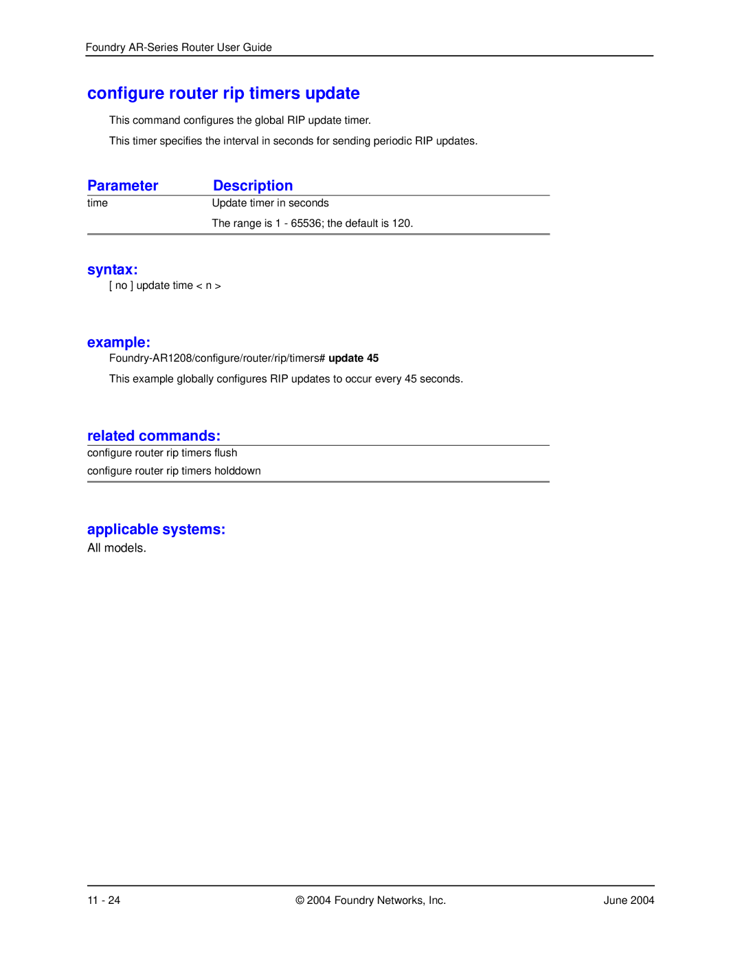 Foundry Networks AR3201-CL, AR3202-CL, AR1204, AR1216, AR1208 manual Configure router rip timers update 