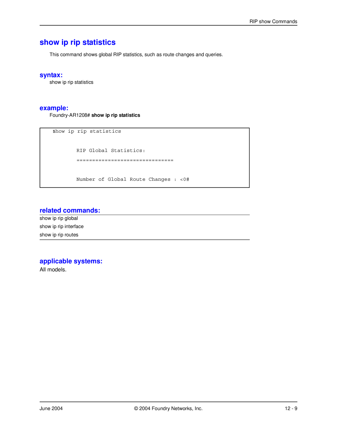 Foundry Networks AR1216, AR3202-CL, AR3201-CL, AR1204 manual Show ip rip statistics, Foundry-AR1208#show ip rip statistics 