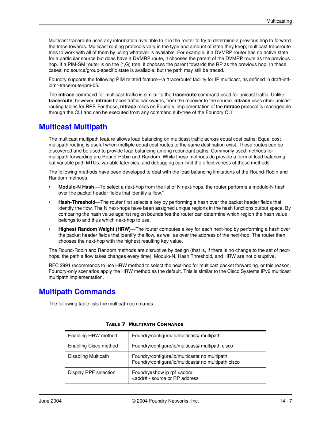 Foundry Networks AR3202-CL, AR3201-CL, AR1204, AR1216, AR1208 manual Multicast Multipath, Multipath Commands 