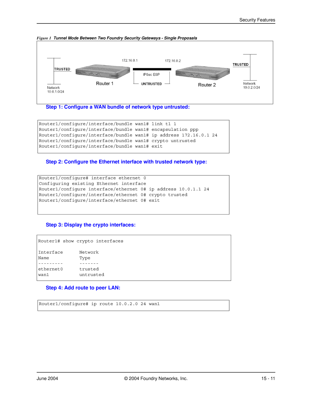 Foundry Networks AR3202-CL, AR3201-CL, AR1204 Configure a WAN bundle of network type untrusted, Add route to peer LAN 