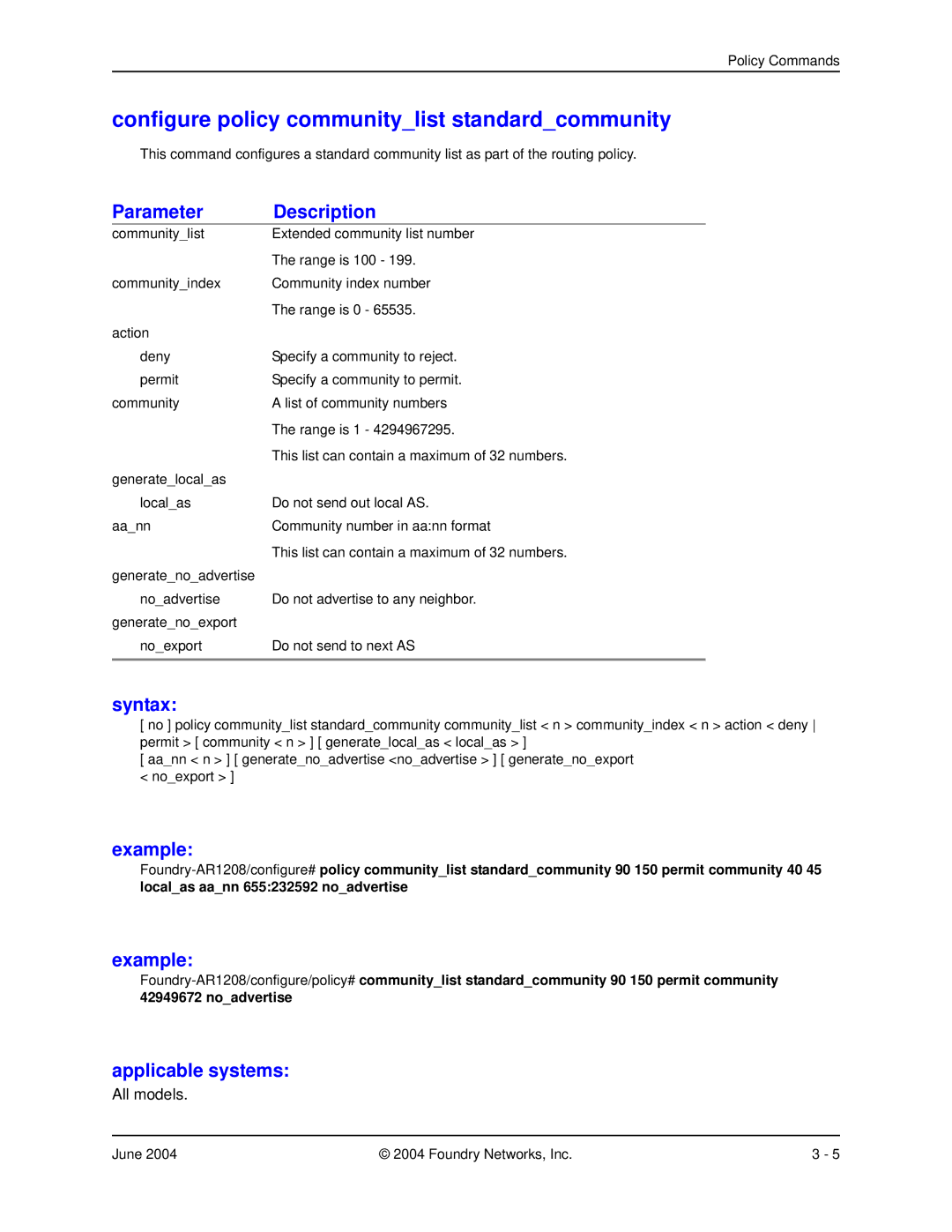 Foundry Networks AR3202-CL, AR3201-CL, AR1204, AR1216, AR1208 manual Configure policy communitylist standardcommunity 