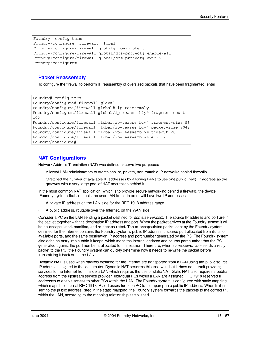 Foundry Networks AR3201-CL, AR3202-CL, AR1204, AR1216, AR1208 manual Packet Reassembly, NAT Configurations 