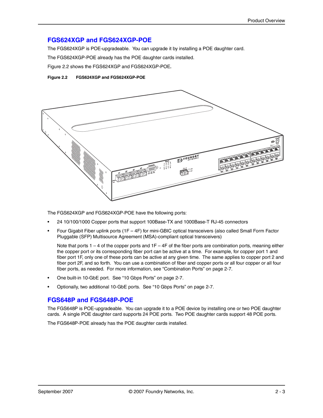 Foundry Networks FGS624P-POE manual FGS624XGP and FGS624XGP-POE, FGS648P and FGS648P-POE 