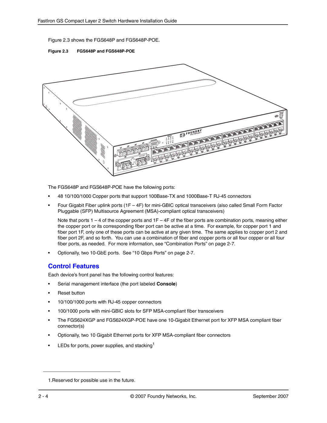 Foundry Networks FGS624P-POE, FGS624XGP-POE manual Control Features, Shows the FGS648P and FGS648P-POE 