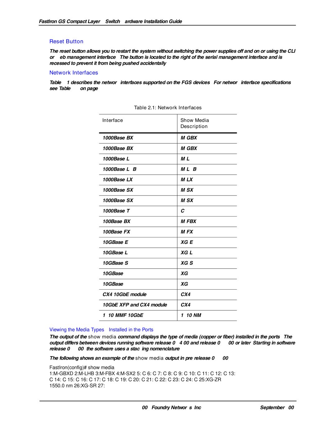 Foundry Networks FGS624P-POE, FGS648P-POE, FGS624XGP-POE manual Reset Button, Network Interfaces Show Media Description 