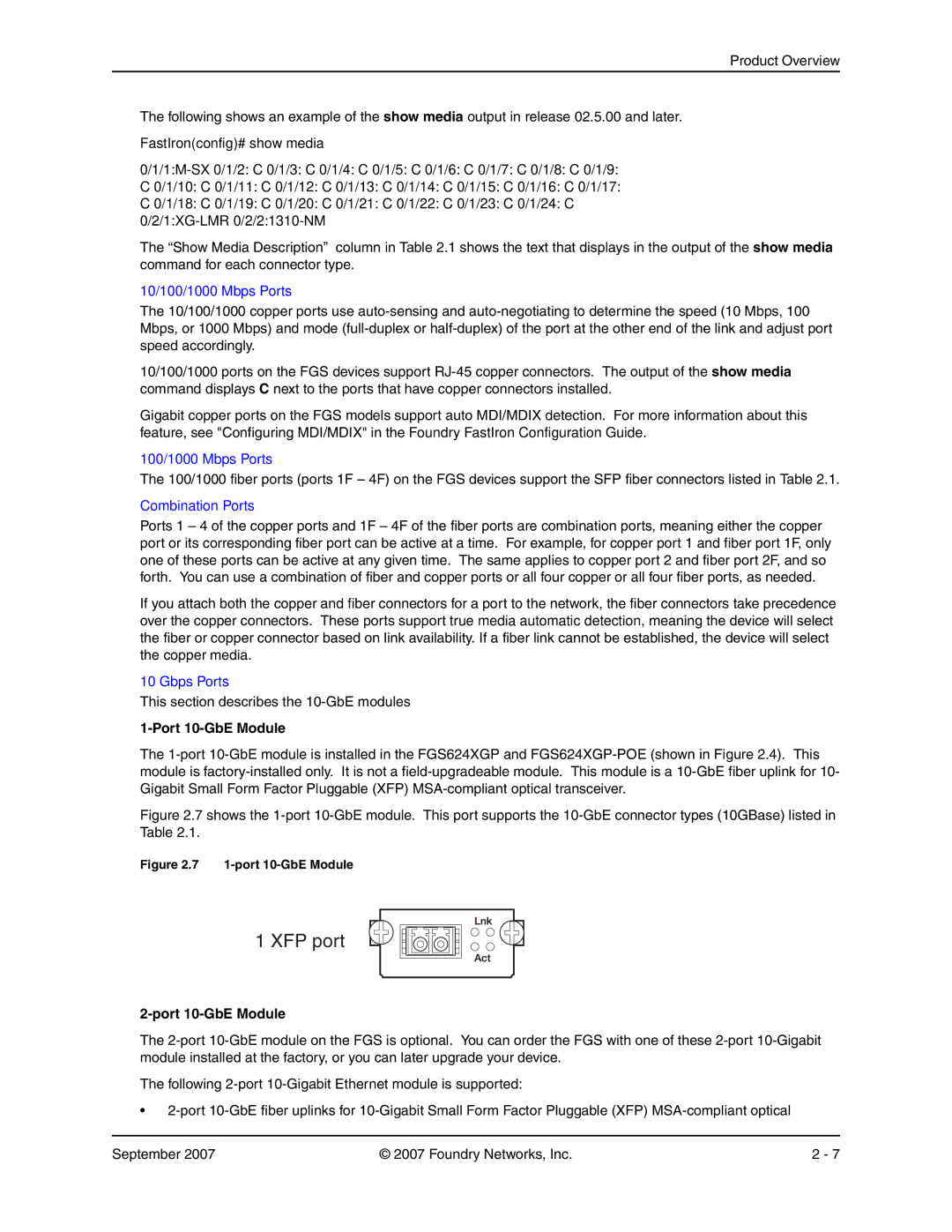 Foundry Networks FGS624XGP-POE, FGS648P-POE, FGS624P-POE manual 10/100/1000 Mbps Ports, Port 10-GbE Module 