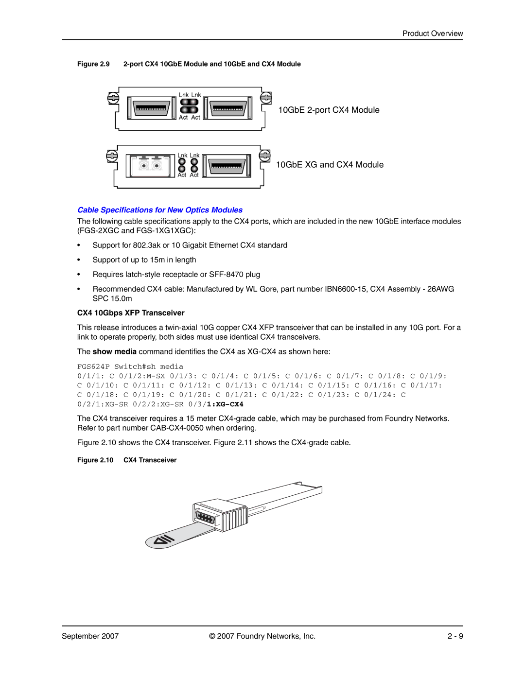 Foundry Networks FGS648P-POE, FGS624P-POE, FGS624XGP-POE manual 10GbE XG and CX4 Module, CX4 10Gbps XFP Transceiver 