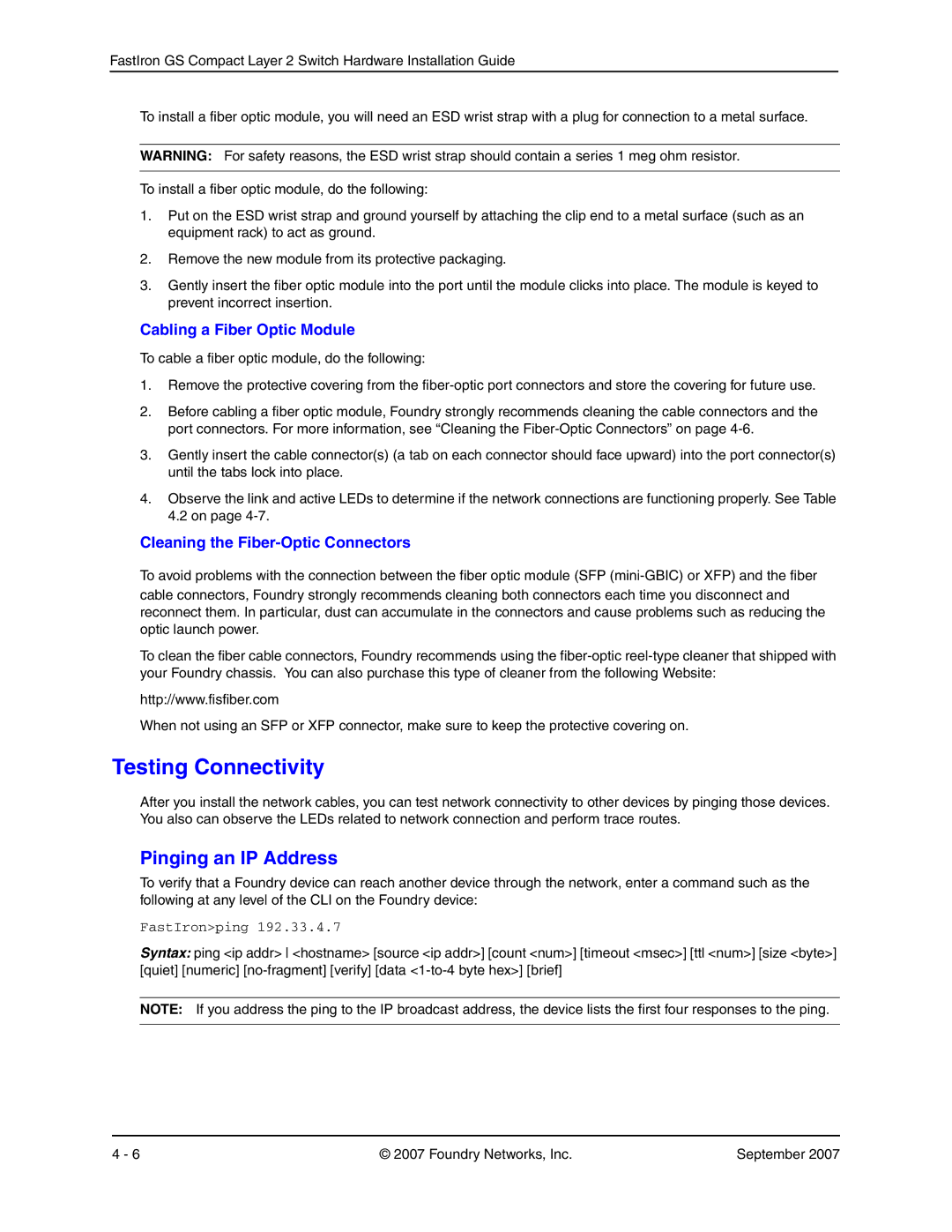 Foundry Networks FGS624XGP, FGS648P-POE, FGS624P Testing Connectivity, Pinging an IP Address, Cabling a Fiber Optic Module 
