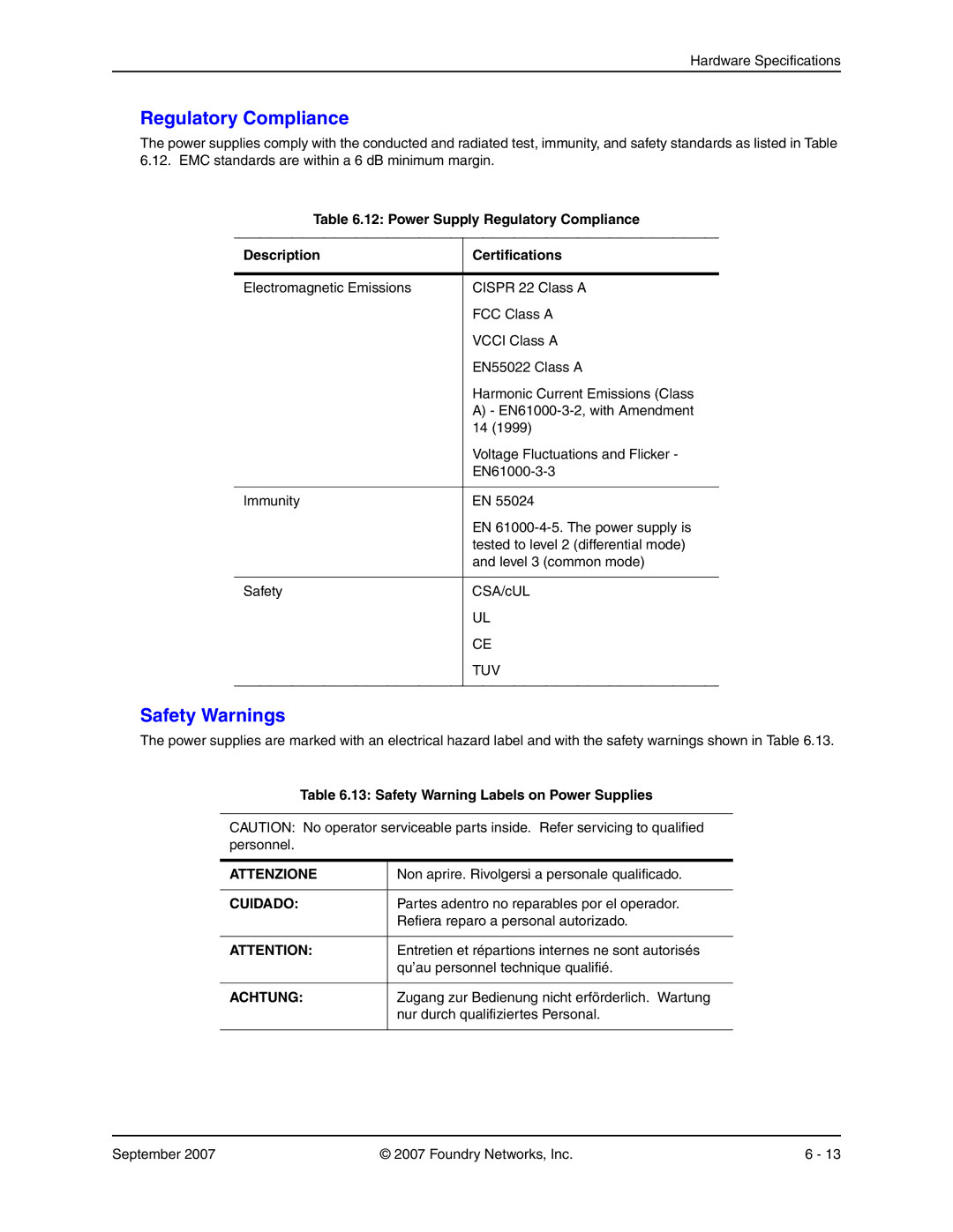 Foundry Networks FGS648P-POE, FGS624P-POE, FGS624XGP-POE manual Safety Warnings, Safety Warning Labels on Power Supplies 