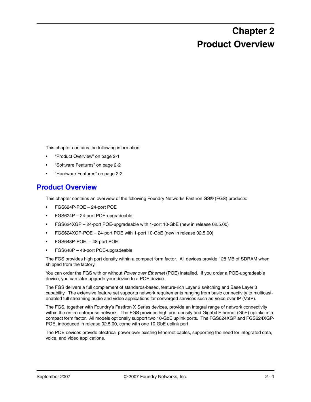 Foundry Networks FGS624XGP-POE, FGS648P-POE, FGS624P-POE manual Chapter Product Overview 