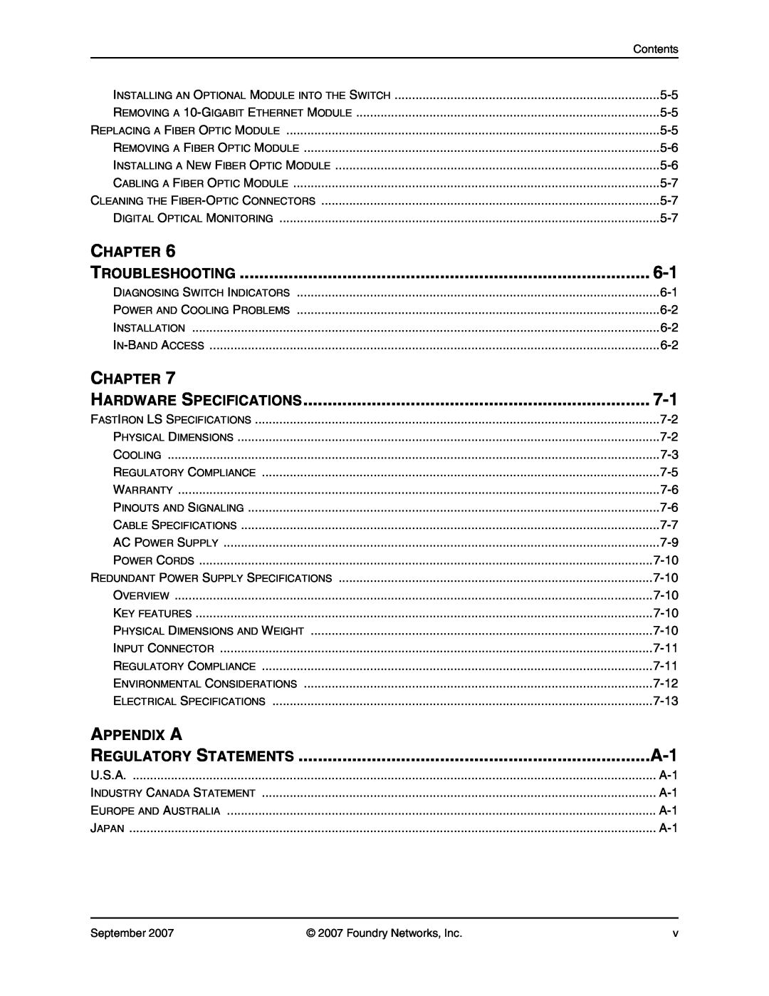 Foundry Networks LS 648, LS 624 manual Appendix A, Chapter, Hardware Specifications, Regulatory Statements 