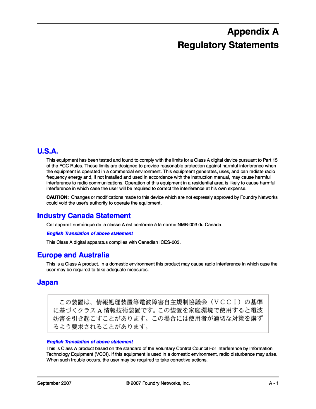 Foundry Networks LS 648 Appendix A Regulatory Statements, U.S.A, Industry Canada Statement, Europe and Australia, Japan 