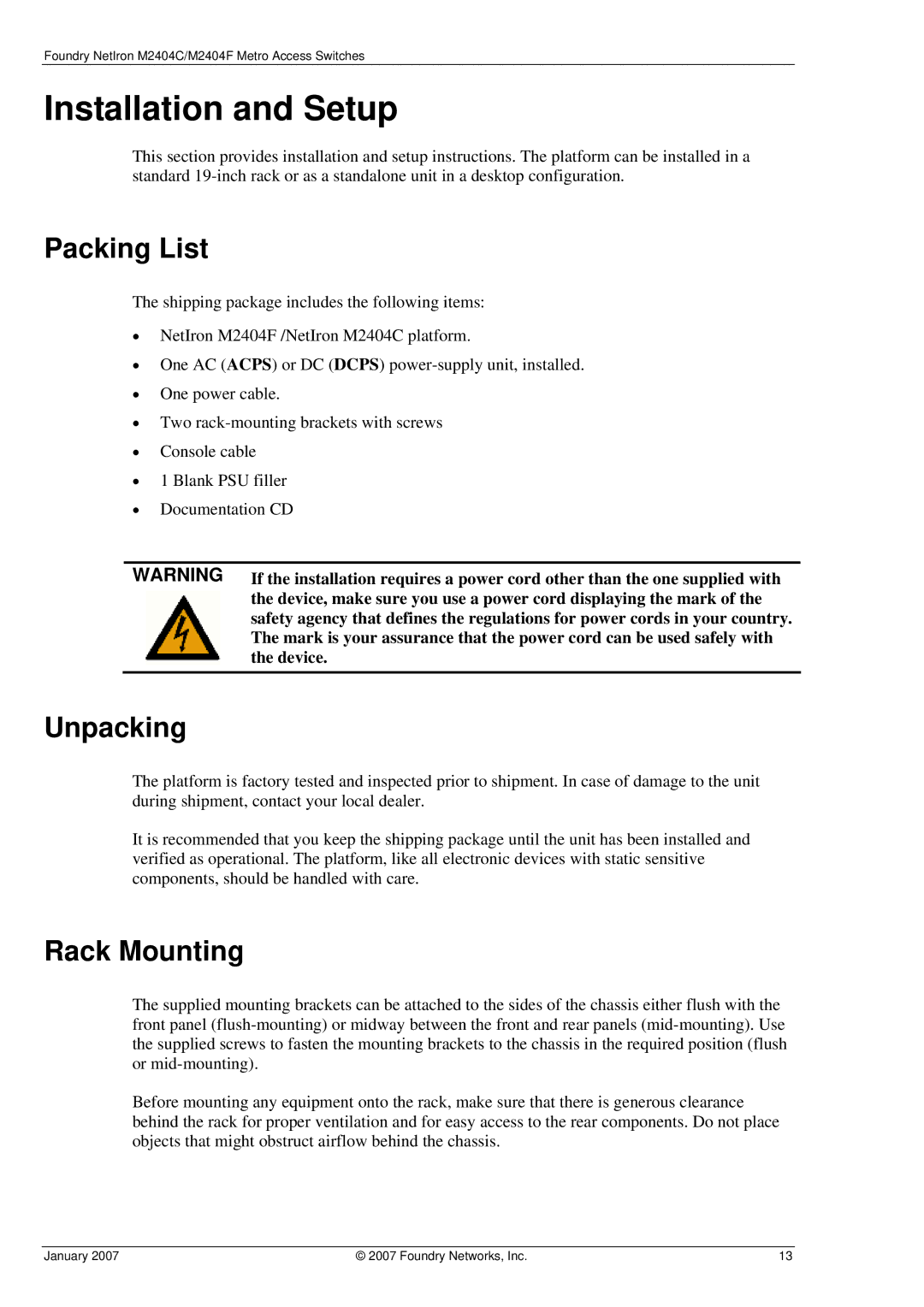 Foundry Networks M2404C, M2404F manual Installation and Setup, Packing List, Unpacking, Rack Mounting 