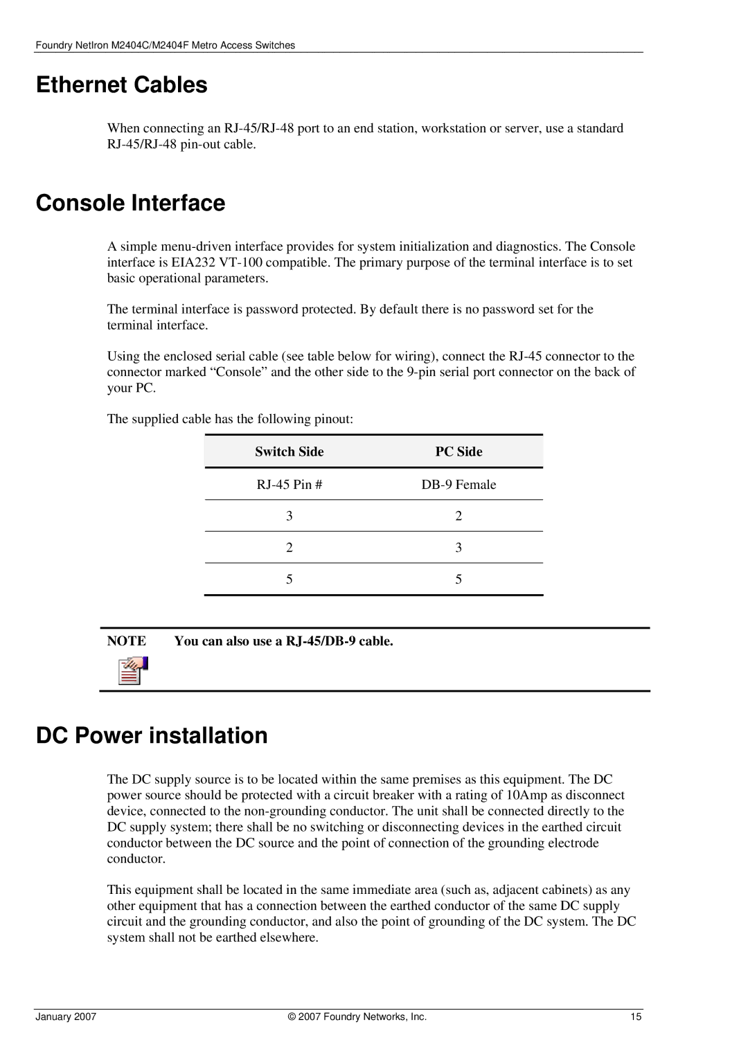 Foundry Networks M2404C, M2404F manual Ethernet Cables, Console Interface, DC Power installation, Switch Side PC Side 