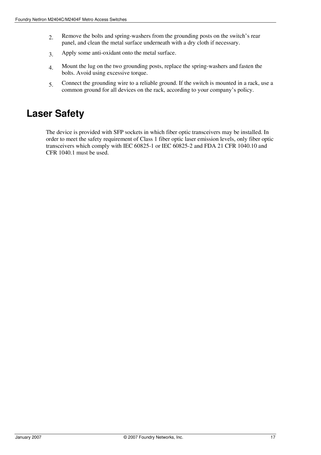 Foundry Networks M2404C, M2404F manual Laser Safety 