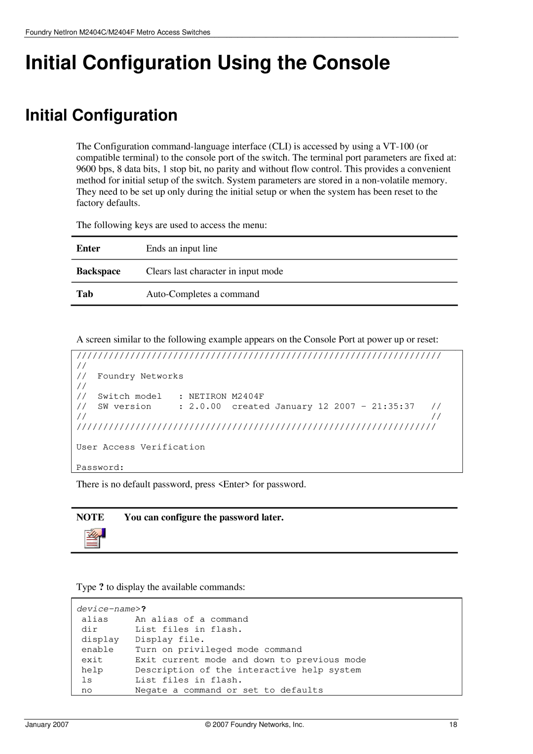 Foundry Networks M2404F, M2404C manual Initial Configuration Using the Console, Enter Ends an input line, Tab 