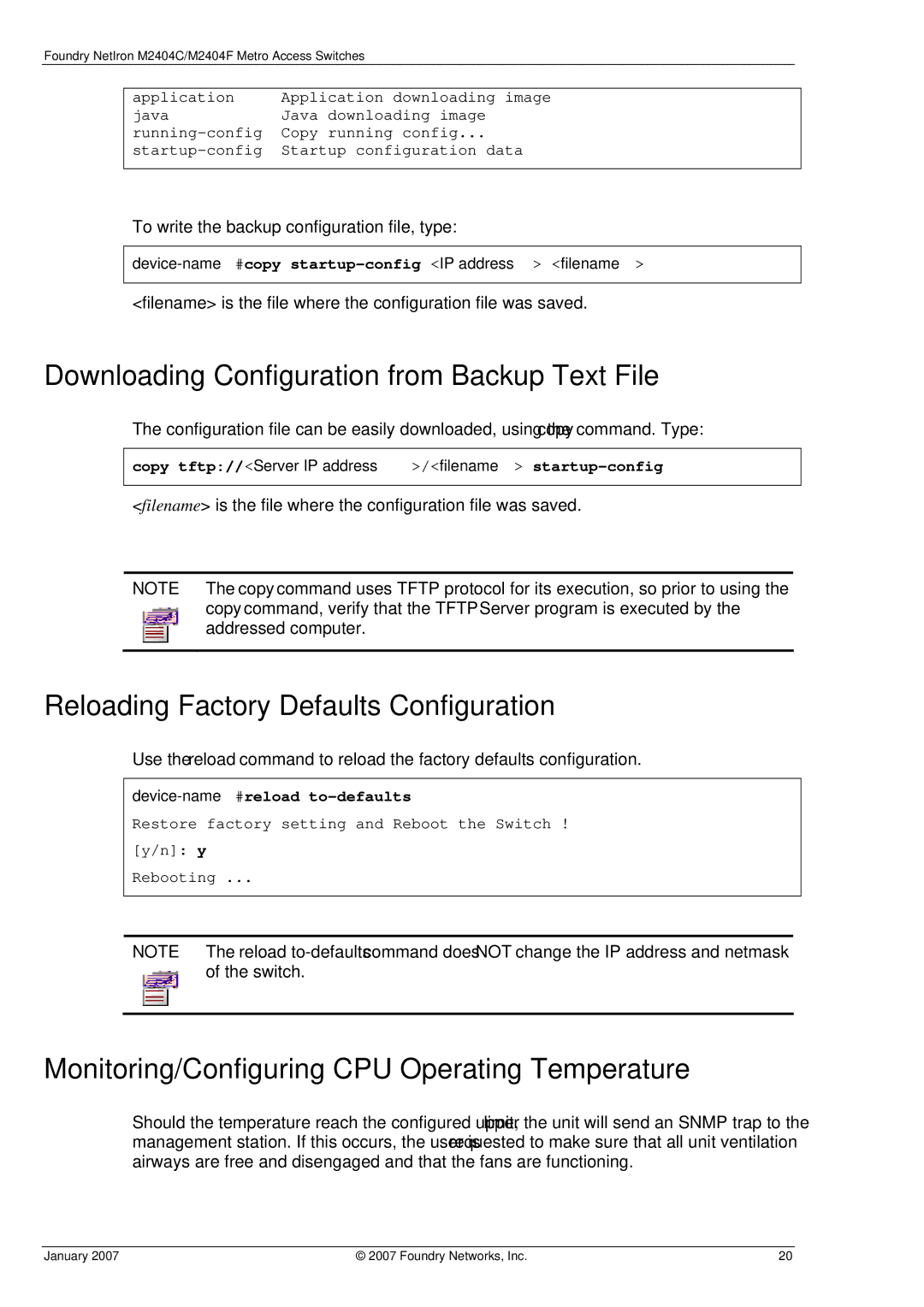 Foundry Networks M2404F, M2404C Downloading Configuration from Backup Text File, Reloading Factory Defaults Configuration 