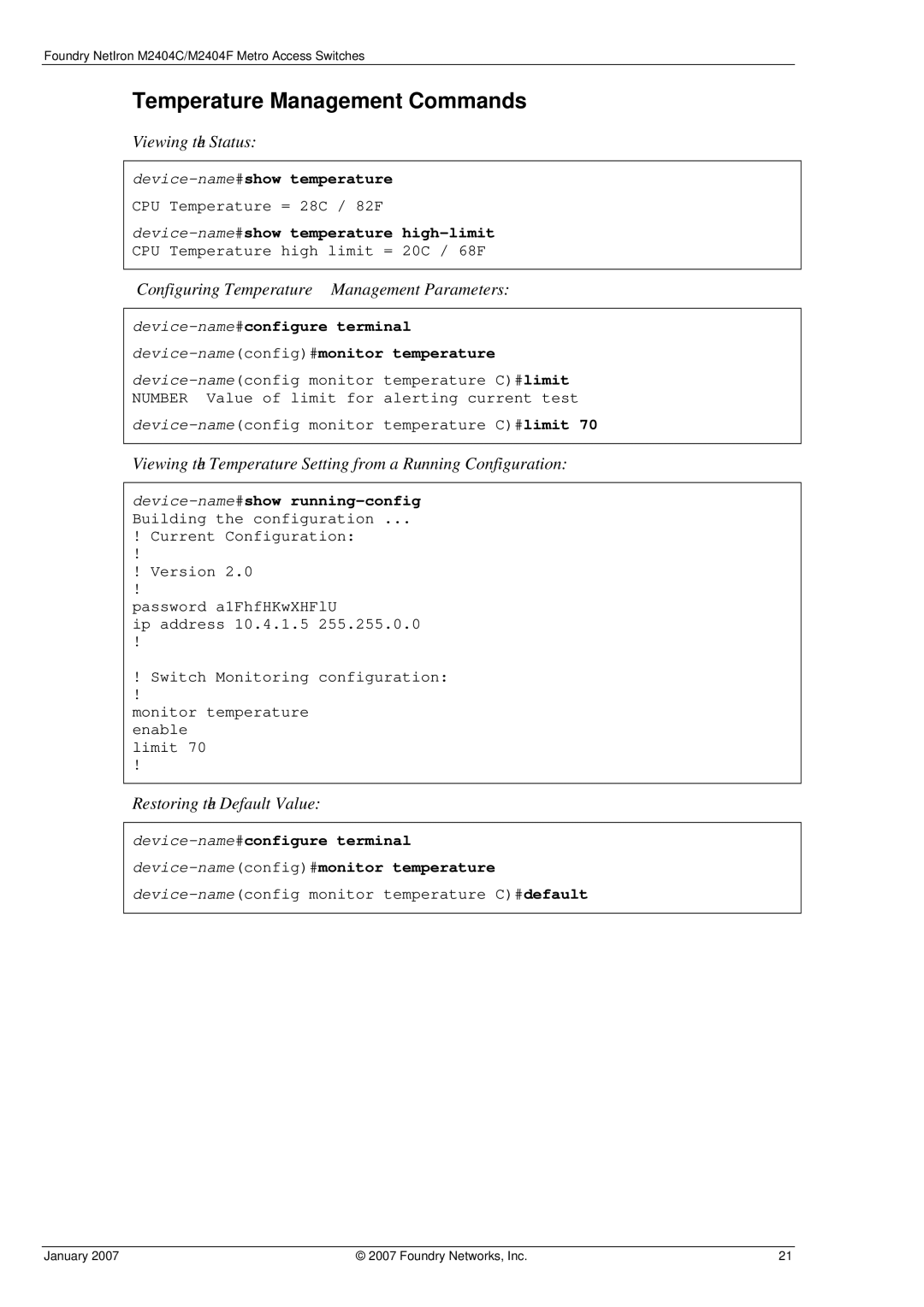 Foundry Networks M2404C Temperature Management Commands, Viewing the Status, Configuring Temperature Management Parameters 