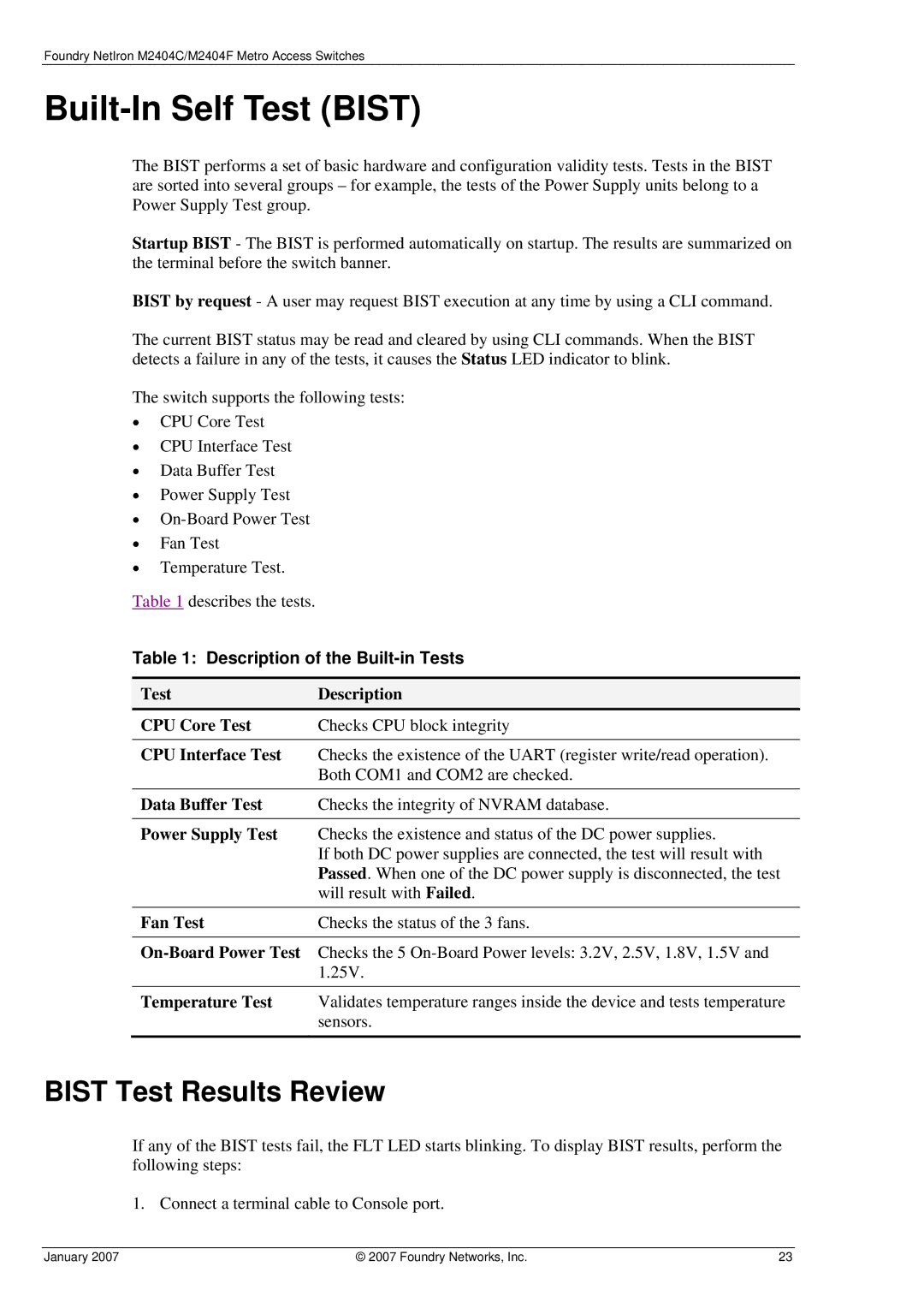 Foundry Networks M2404C, M2404F manual Built-In Self Test Bist, Bist Test Results Review 