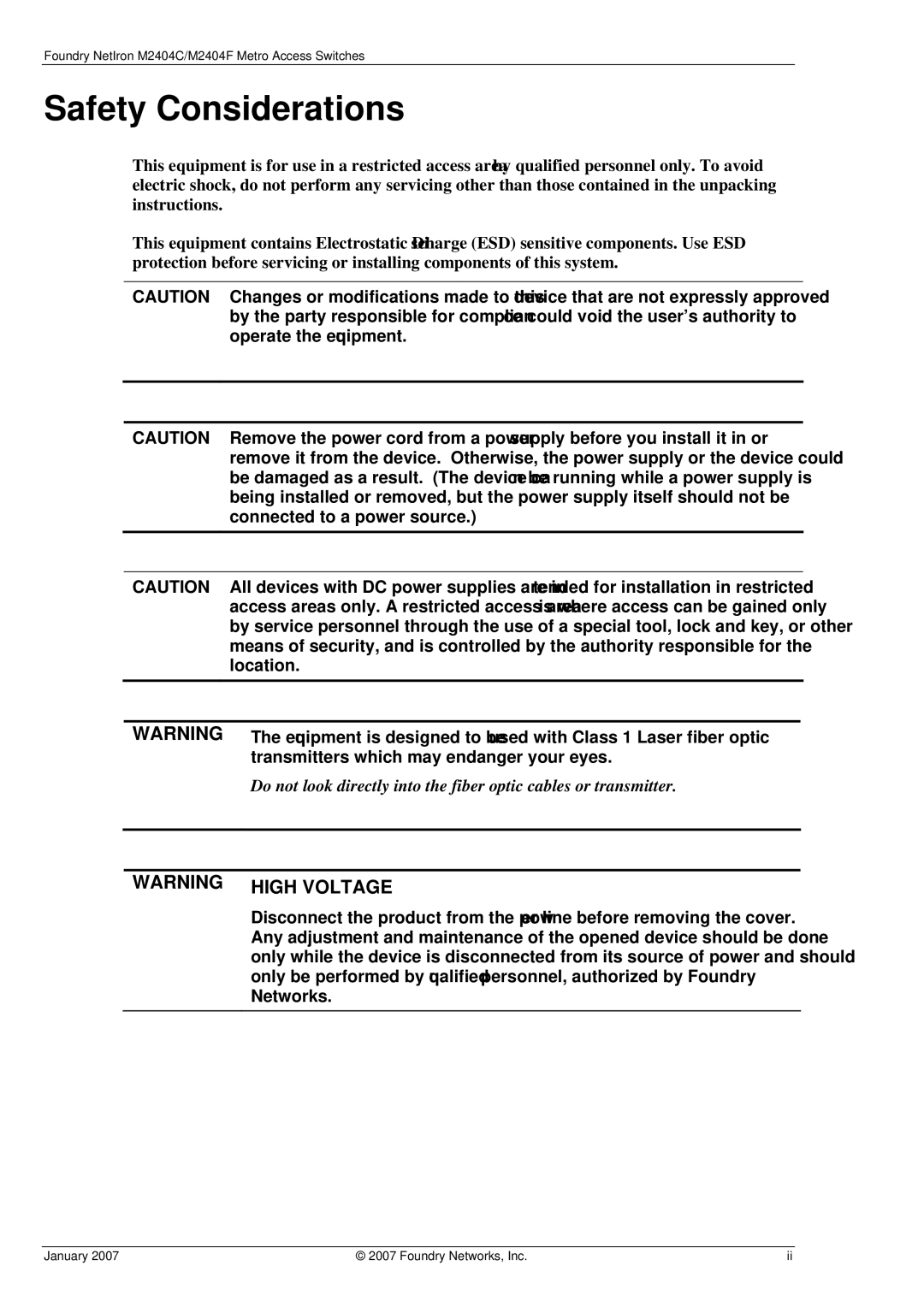 Foundry Networks M2404C, M2404F manual Safety Considerations, Connected to a power source, Location, Networks 