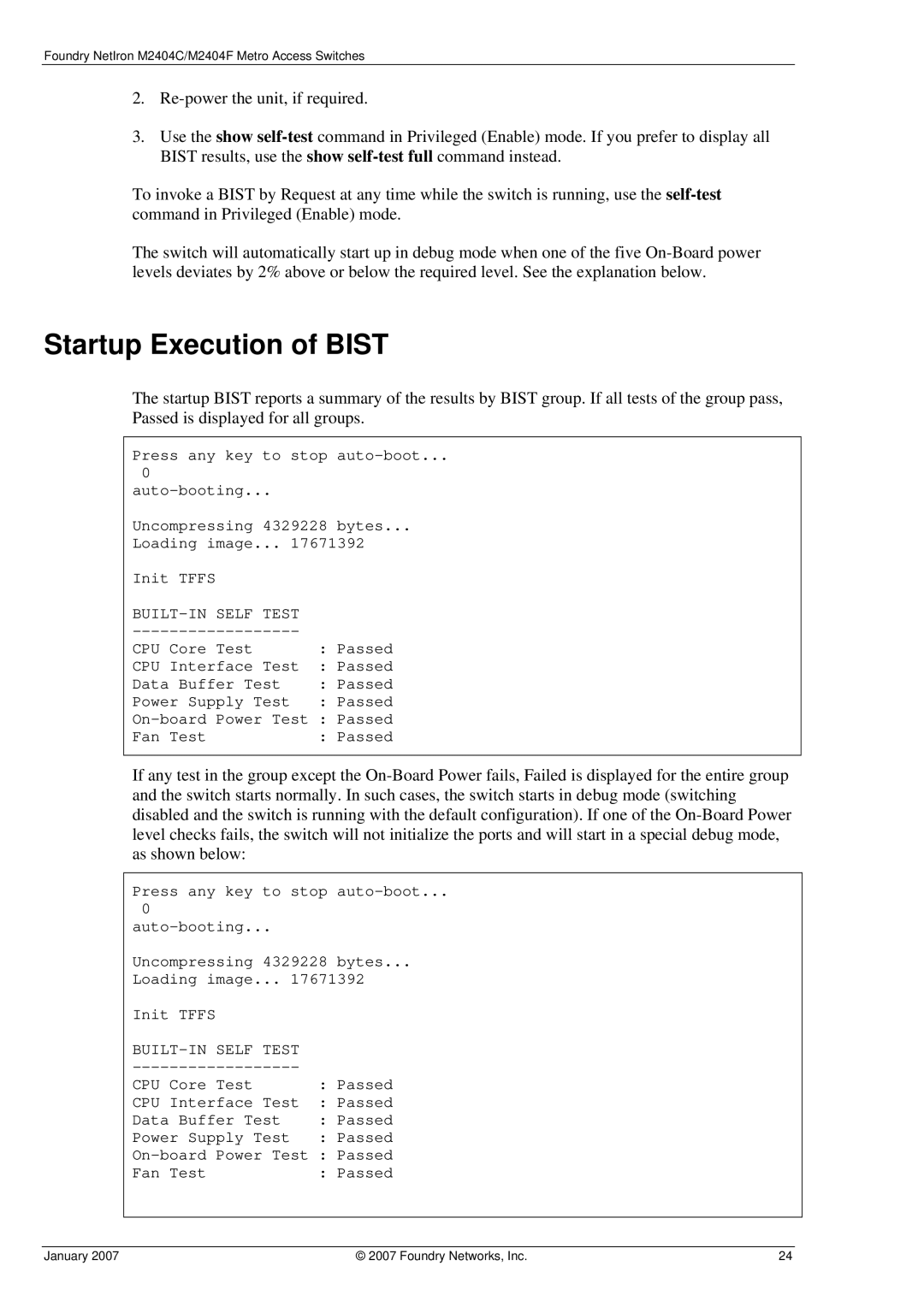 Foundry Networks M2404F, M2404C manual Startup Execution of Bist 