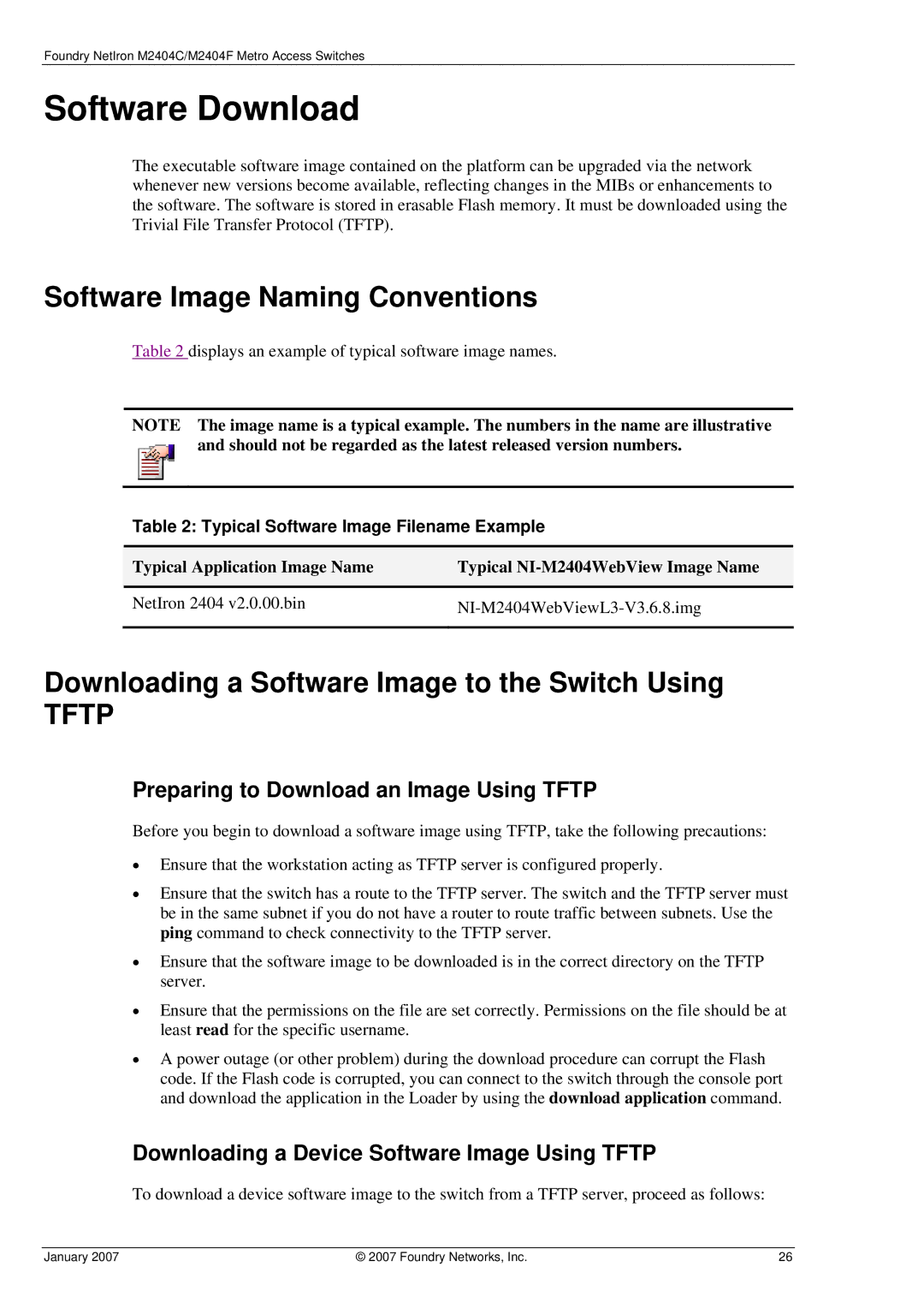 Foundry Networks M2404F Software Download, Software Image Naming Conventions, Preparing to Download an Image Using Tftp 