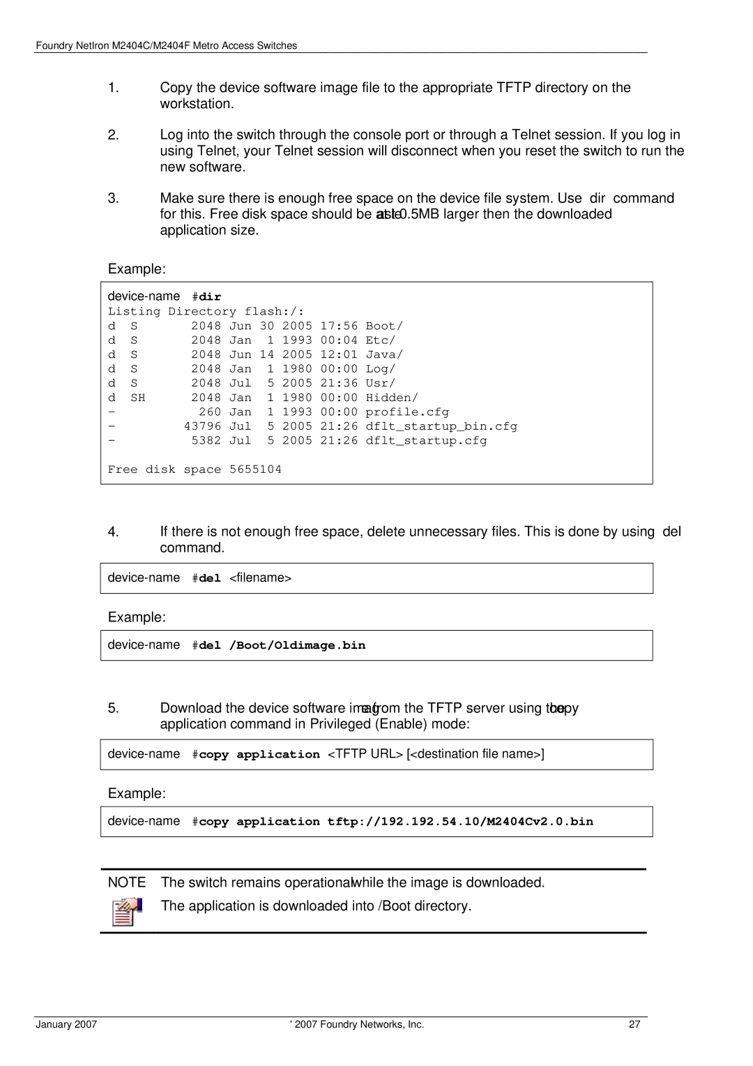 Foundry Networks M2404C, M2404F manual Example, Application is downloaded into /Boot directory 