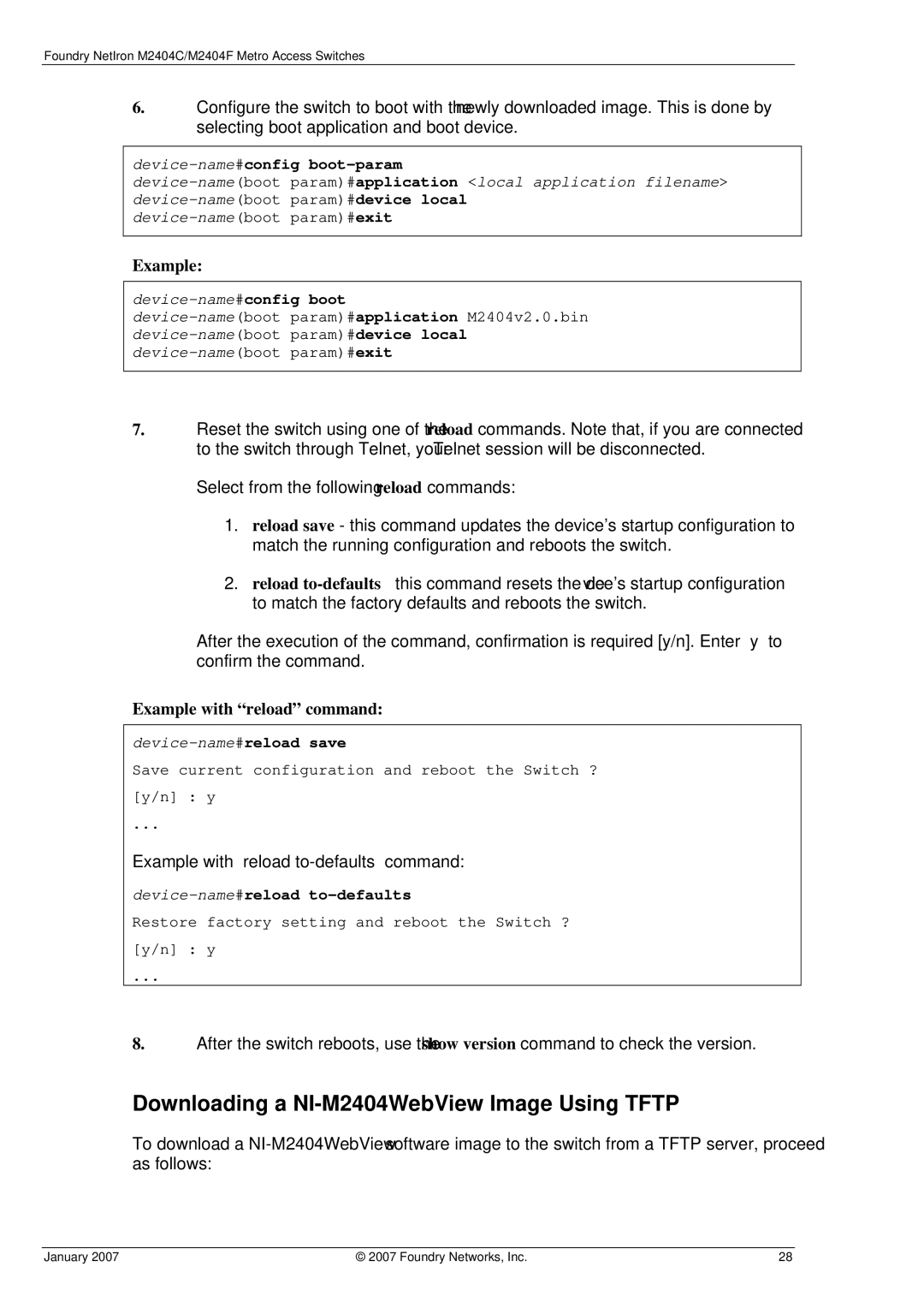 Foundry Networks M2404F, M2404C manual Downloading a NI-M2404WebView Image Using Tftp, Example with reload command 