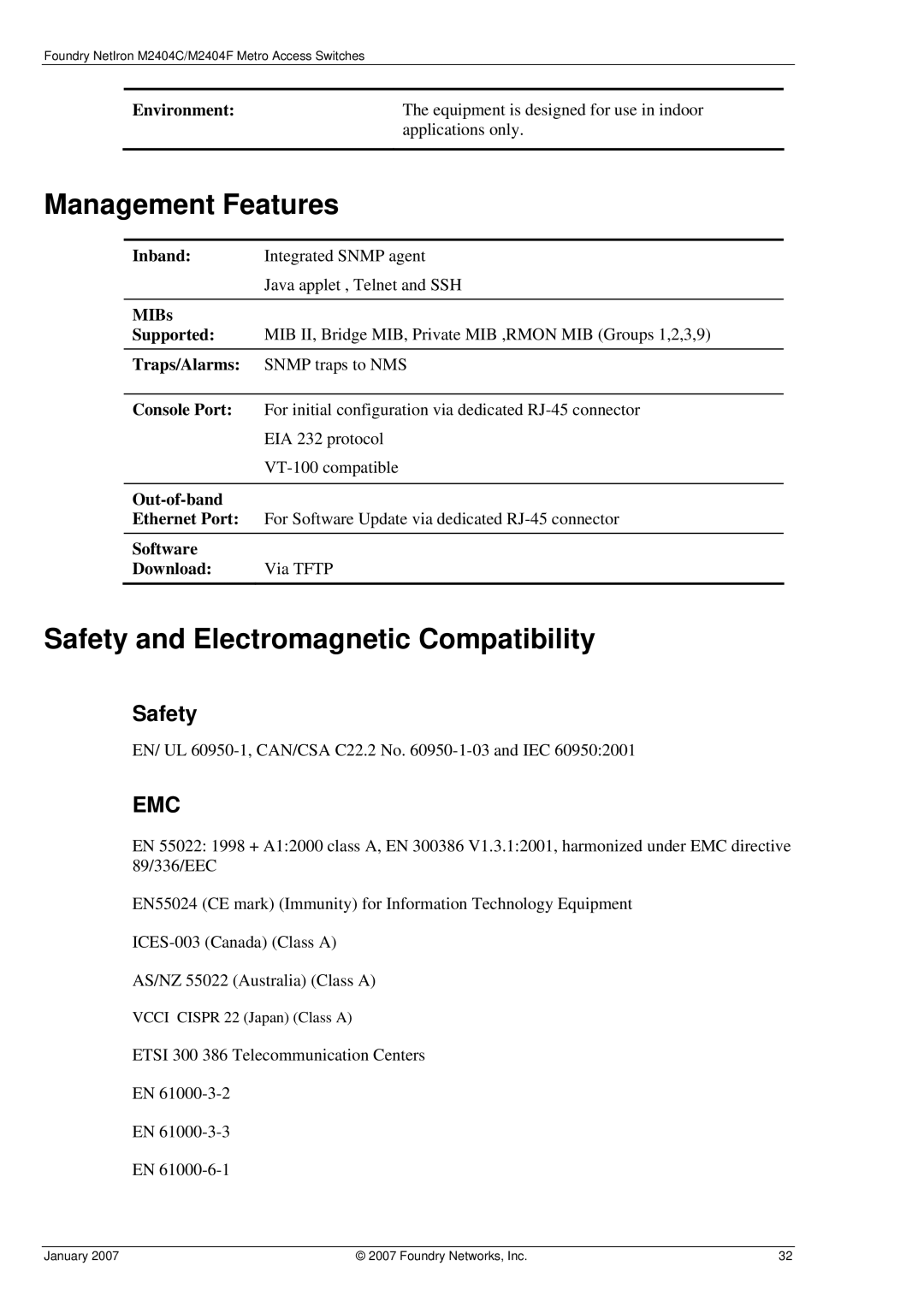 Foundry Networks M2404F, M2404C manual Management Features, Safety and Electromagnetic Compatibility 