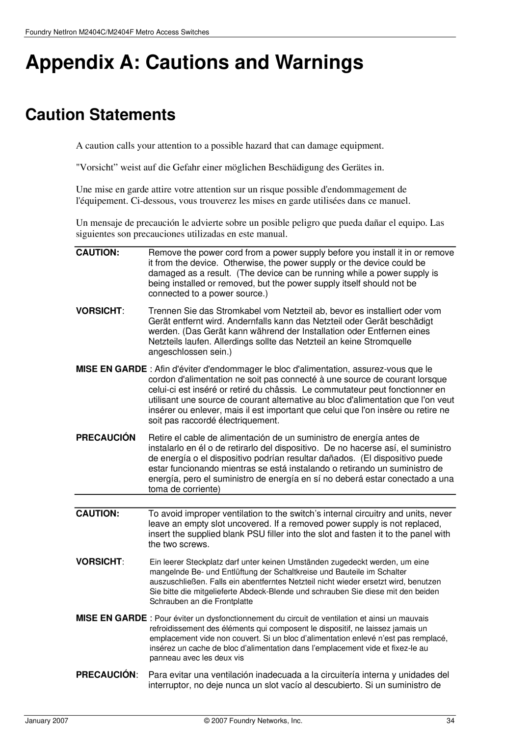 Foundry Networks M2404F, M2404C manual Appendix a Cautions and Warnings 