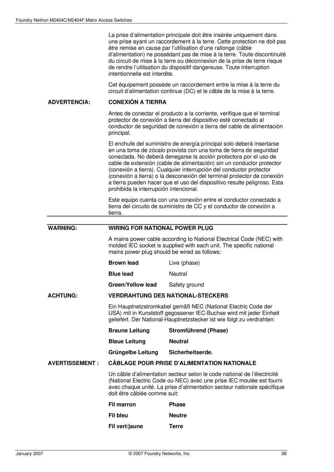 Foundry Networks M2404F, M2404C manual Advertencia Conexión a Tierra 