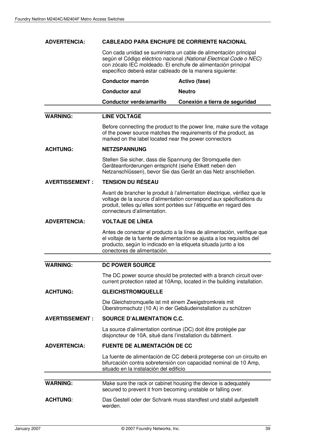 Foundry Networks M2404C, M2404F manual Advertencia Cableado Para Enchufe DE Corriente Nacional 