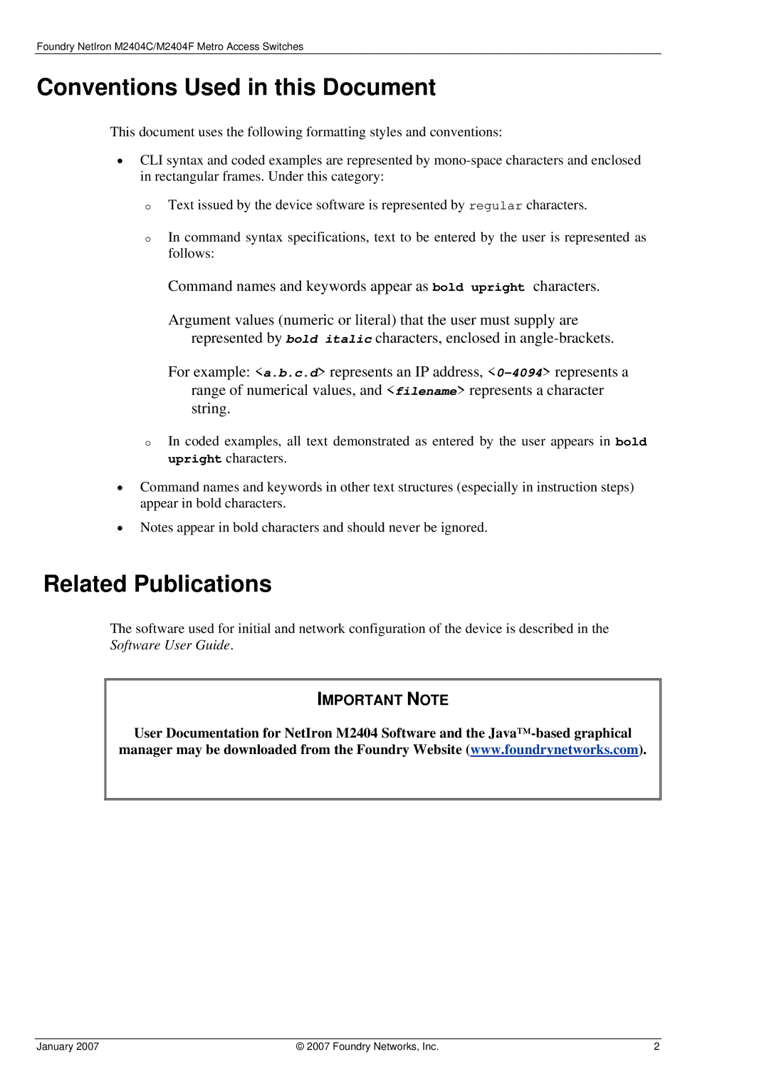 Foundry Networks M2404F, M2404C manual Conventions Used in this Document, Related Publications 