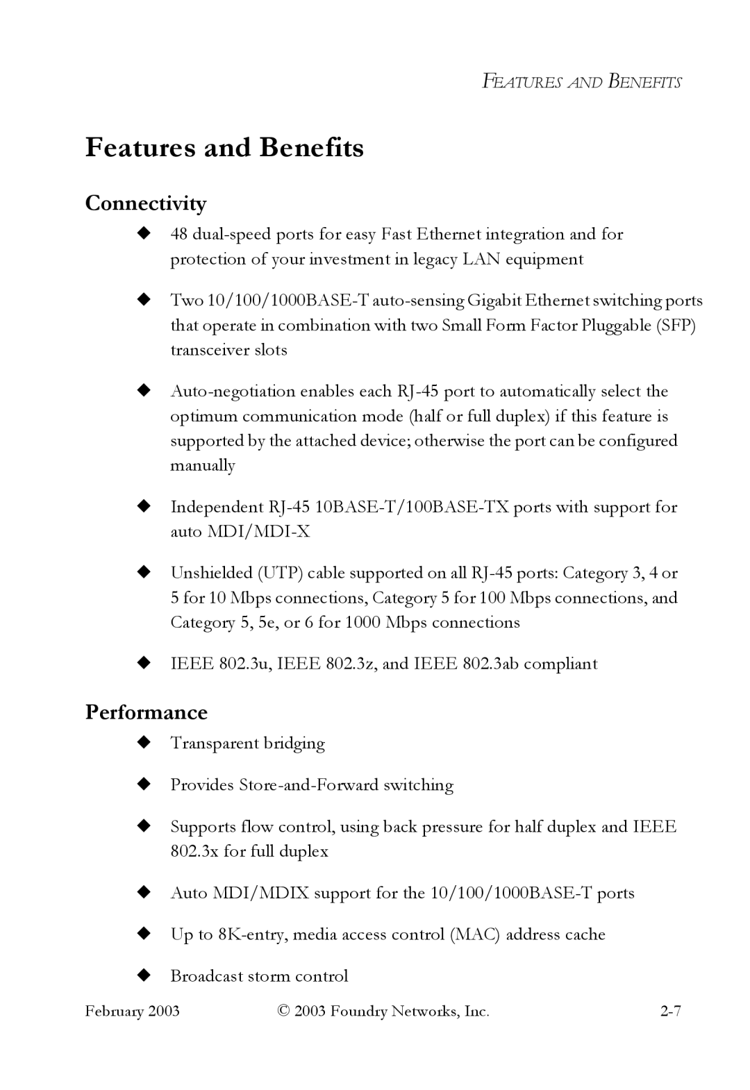 Foundry Networks OSI manual Features and Benefits, Connectivity, Performance 