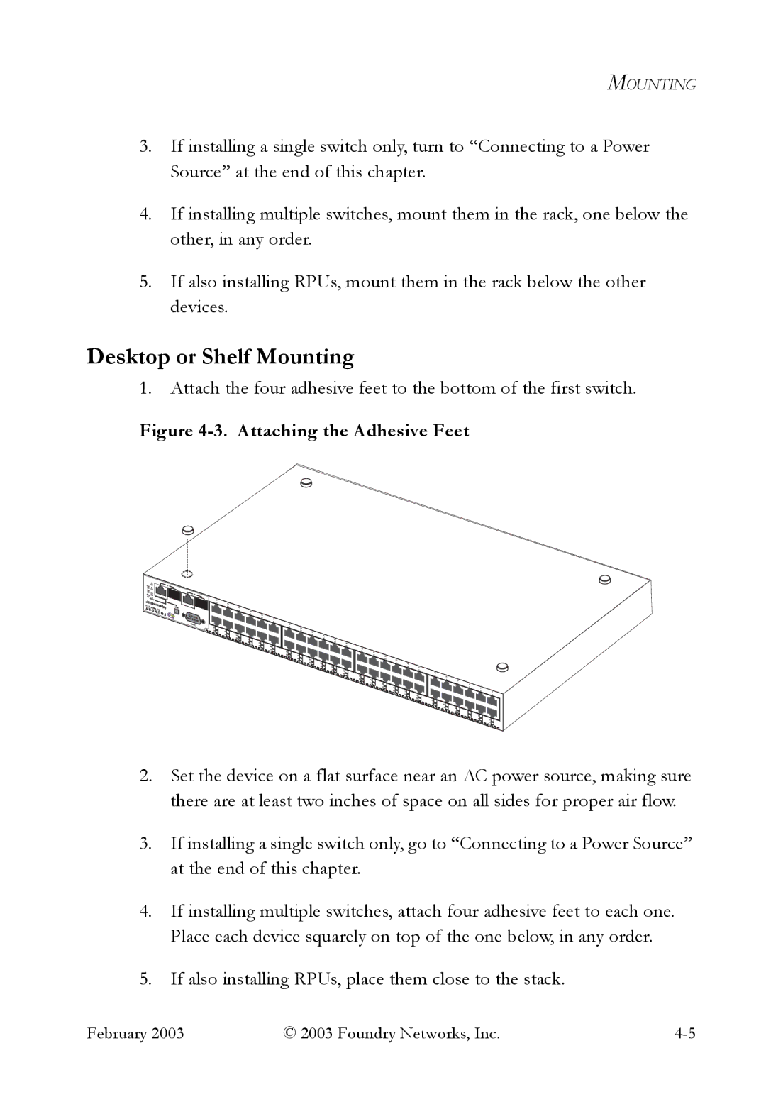 Foundry Networks OSI manual Desktop or Shelf Mounting, Attaching the Adhesive Feet 