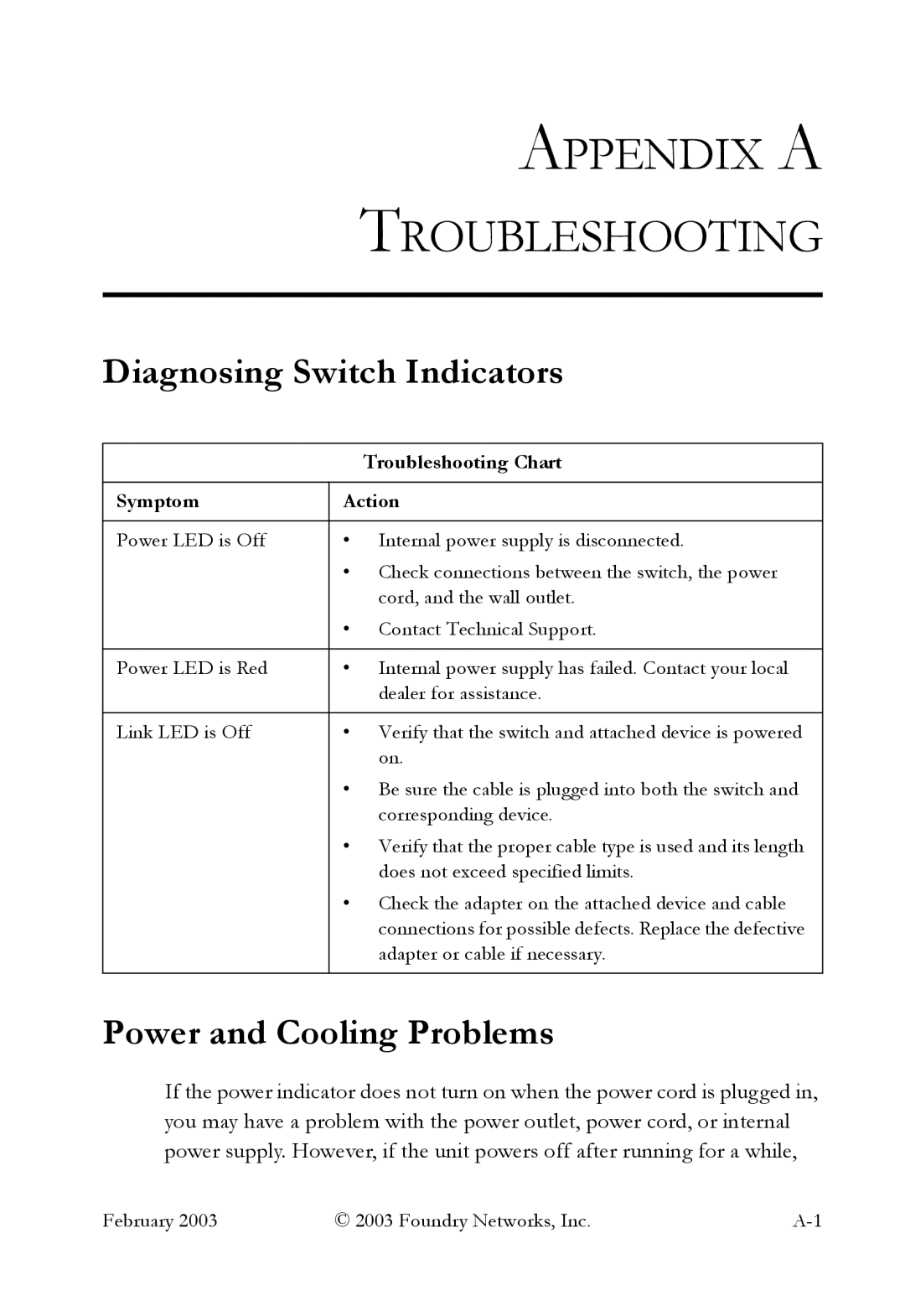 Foundry Networks OSI manual Appendix a, Troubleshooting, Diagnosing Switch Indicators, Power and Cooling Problems 