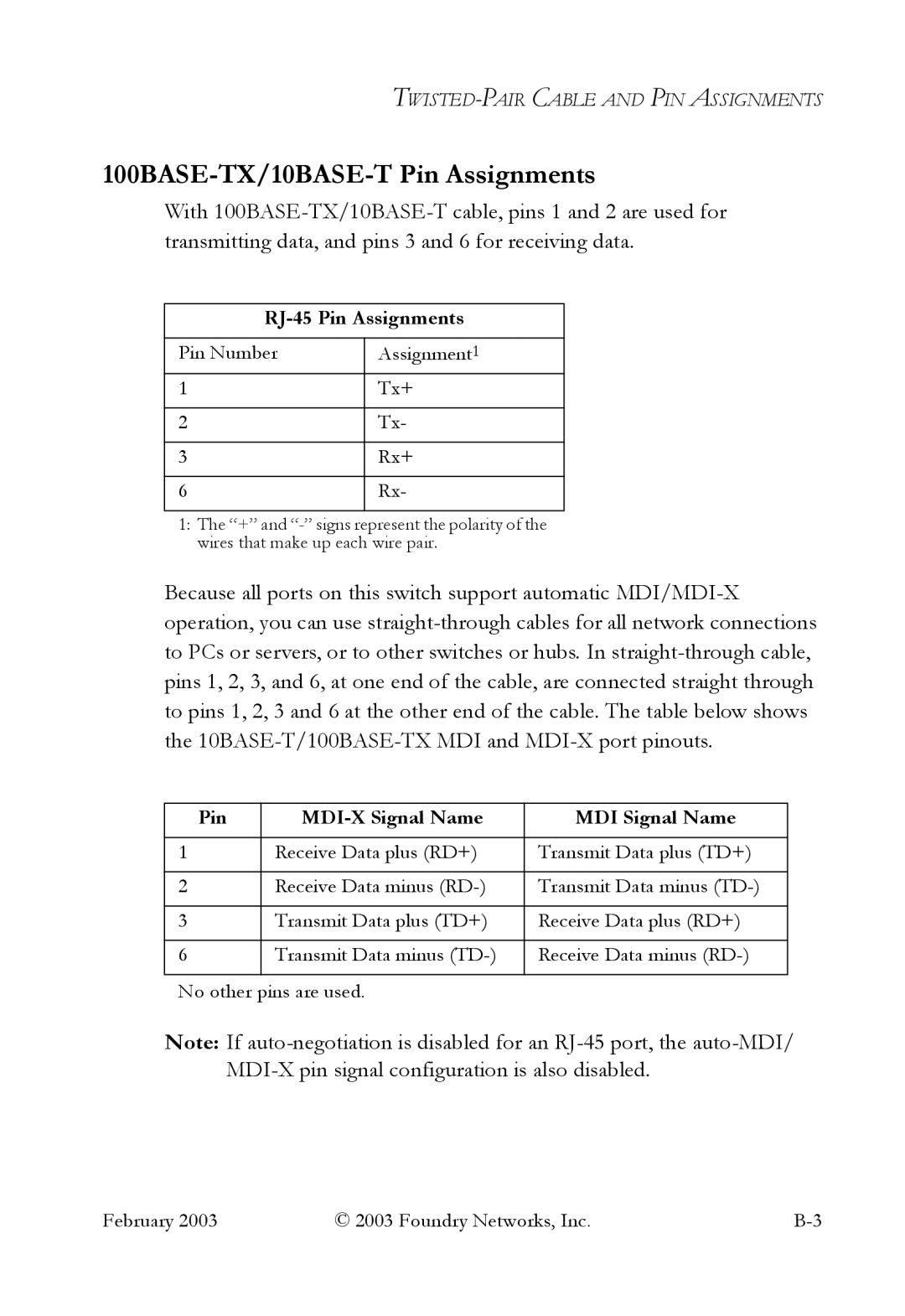 Foundry Networks OSI 100BASE-TX/10BASE-T Pin Assignments, RJ-45 Pin Assignments, Pin MDI-X Signal Name MDI Signal Name 