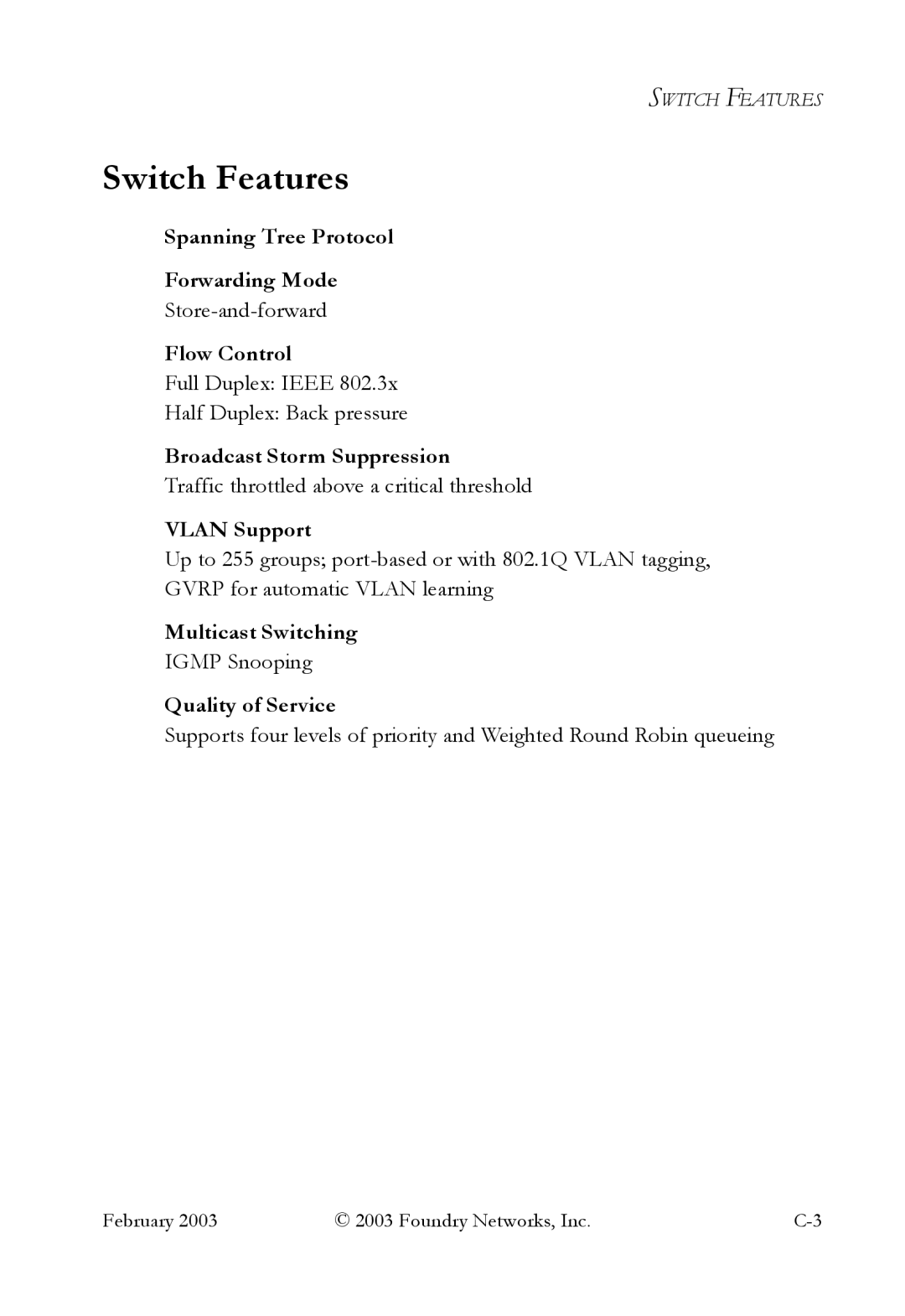 Foundry Networks OSI manual Switch Features 