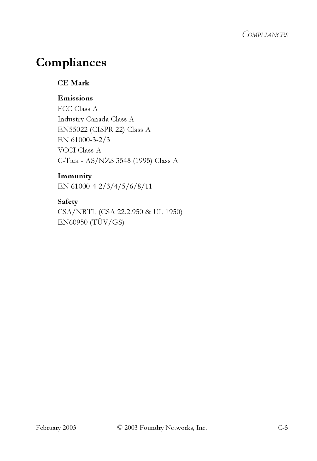 Foundry Networks OSI manual Compliances, CE Mark Emissions, Safety 